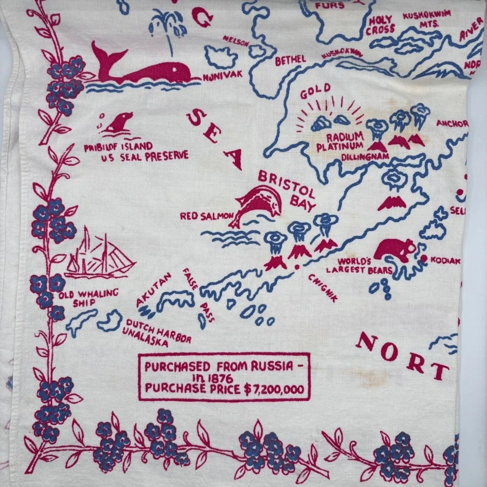 Vintage 1940s‎ 1950s Alaska Map Souvenir Table Cloth 37